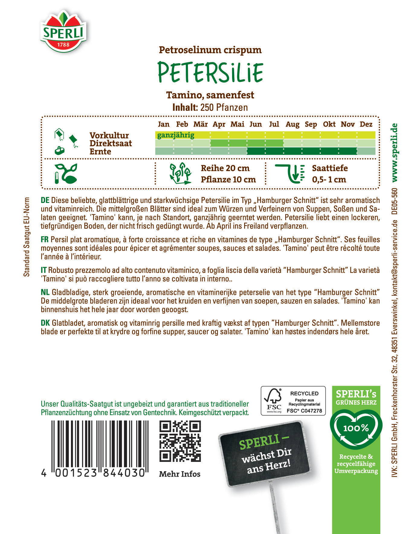 Packungsrückseite mit deutschen, französischen, italienischen, niederländischen und dänischen Texten zur Petersilie, Barcode, Logo, QR-Code und Recycling-Symbole.