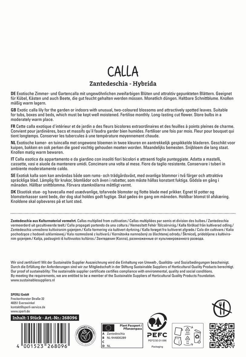Zantedeschia-Calla in verschiedenen Sprachen, Beschreibung der Pflanze, Pflegehinweise, Zertifizierungen und Herstellerinformationen.