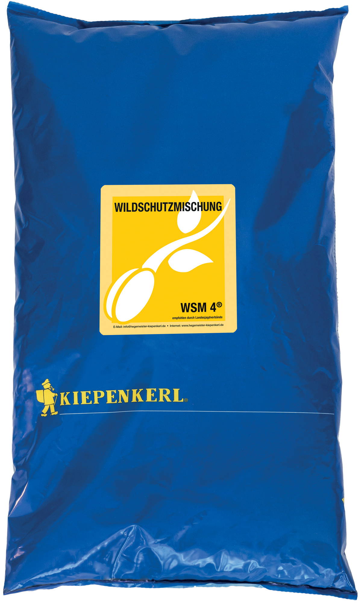 Blauer Sack mit gelbem Label und Kiepenkerl Logo, Wildschutzmischung, WSM 4, empfohlen durch Landesjagdabverte.