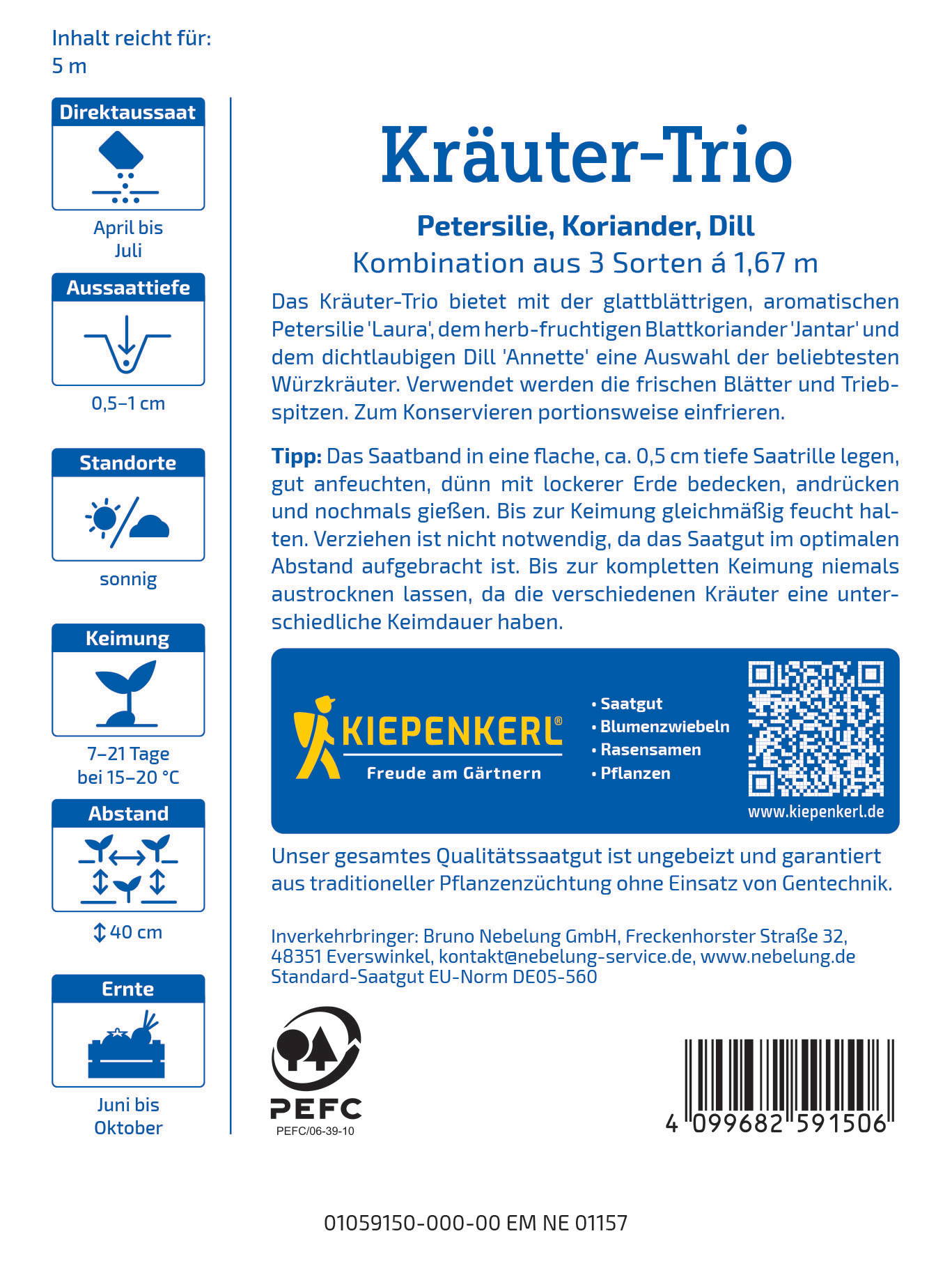 Anleitungstext für eine Samenpackung mit Angaben zu Inhalt, Aussaat, Standort, Keimung, Abstand, Ernte und einem QR-Code.