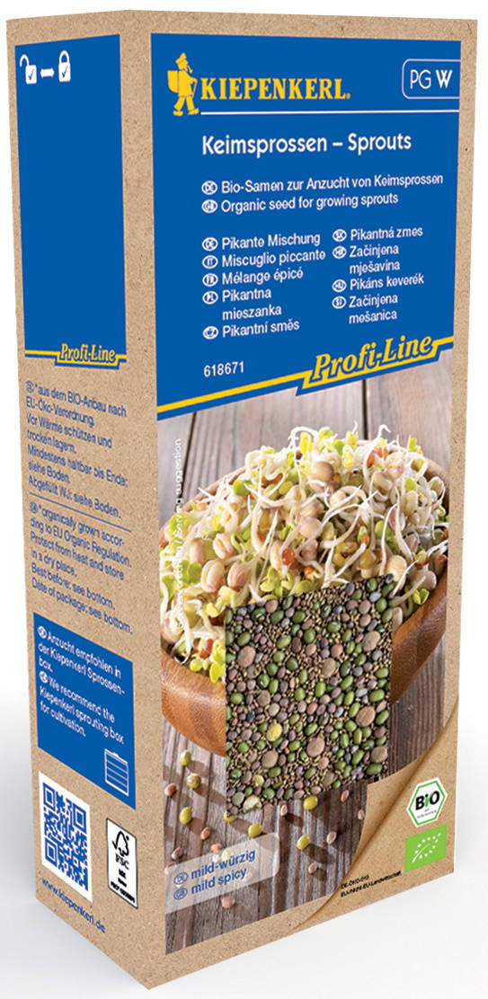 Packung mit Bio-Keimsprossen in einem Holzschälchen auf Holzplatte, grüne und schwarze Samen, Bio- und EU-Logo.