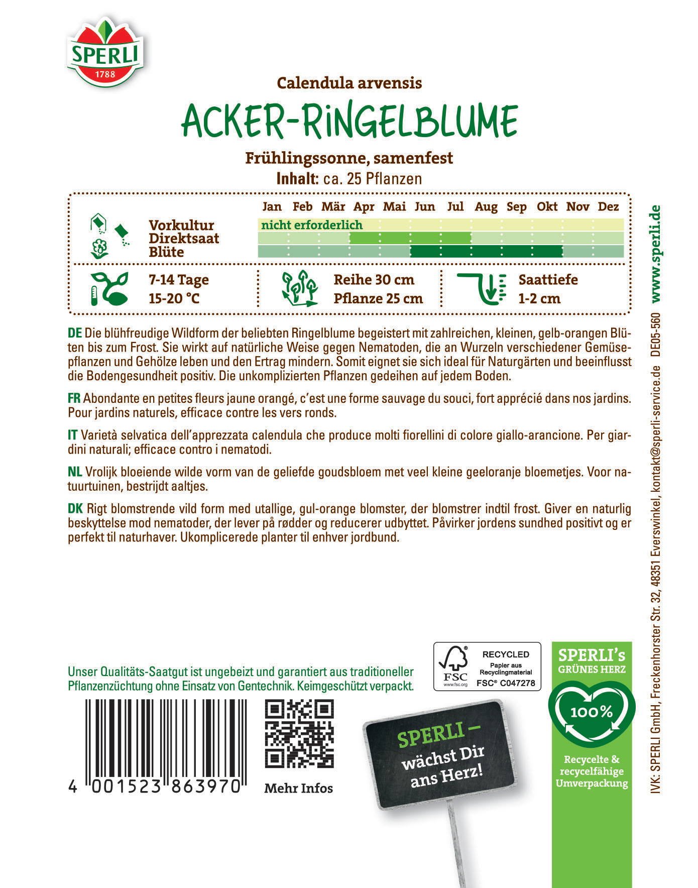 Blühende gelb-orange Kalendula arvensis auf der Verpackung mit Text und Symbolen.