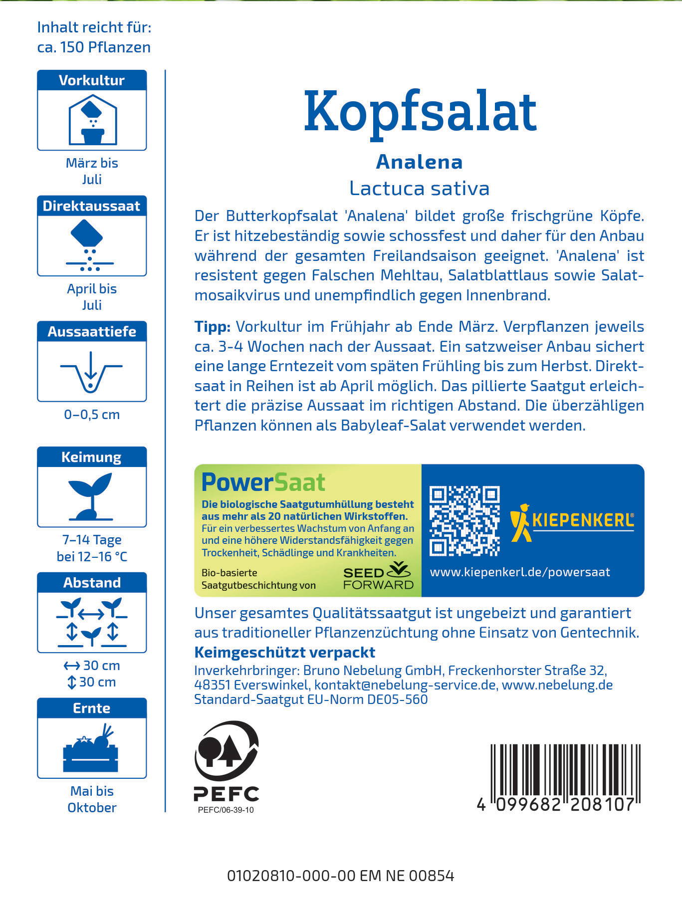 Pflanzensamen- und Pflanzenschutzmittel-Produkt mit Bio-Saatgut, QR-Code, Barcode, Text und Symbolen.