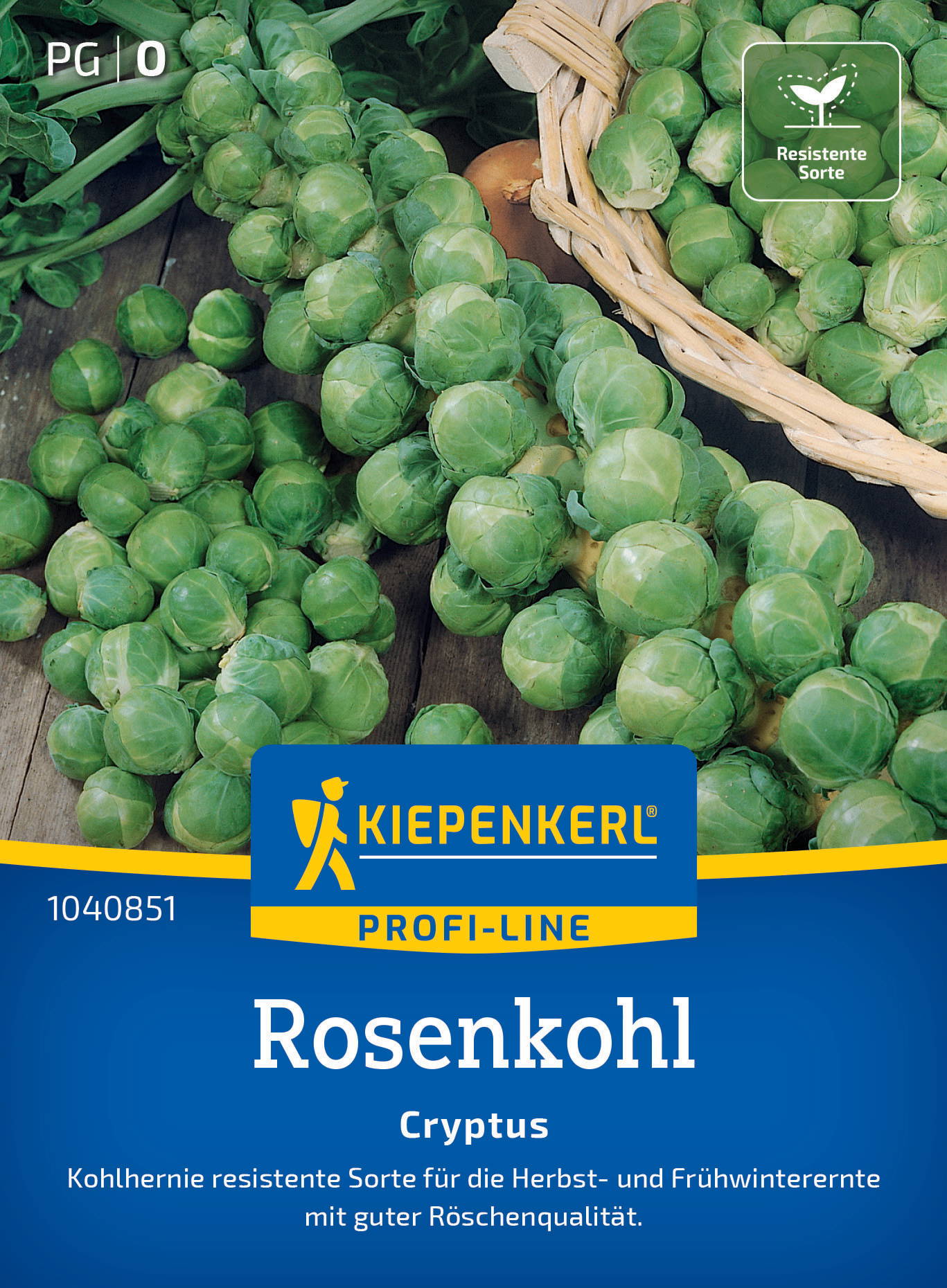 Brassica-Cryptus-Rosenkohl, gefärbte Kohlköpfe in einem Korb und auf einem Holztablett, Verpackung mit Kiepenkerl-Logo.