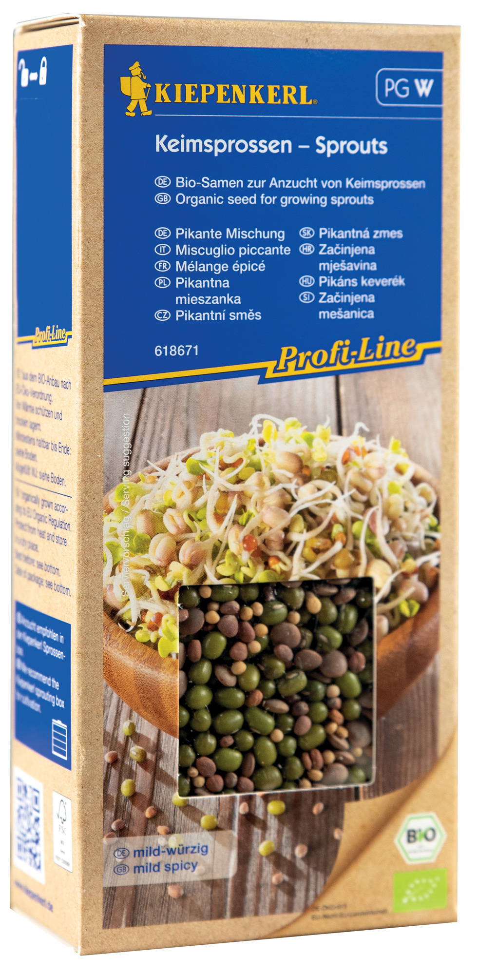 Packung mit Bio-Samen für Keimsprossen in einer Pappschachtel, Bild zeigt die Samen und Sprossen.