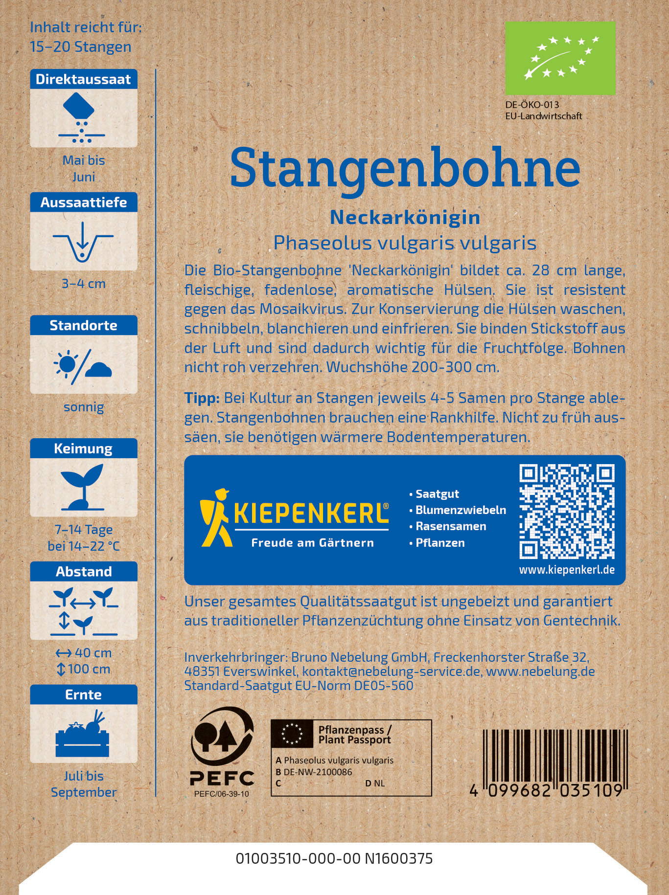 Blatt mit Text, Logos, QR-Code, Barcode, Symbole, Angaben zu Saatgut, Pflanzzeitraum, Abstand und Kontaktdaten.