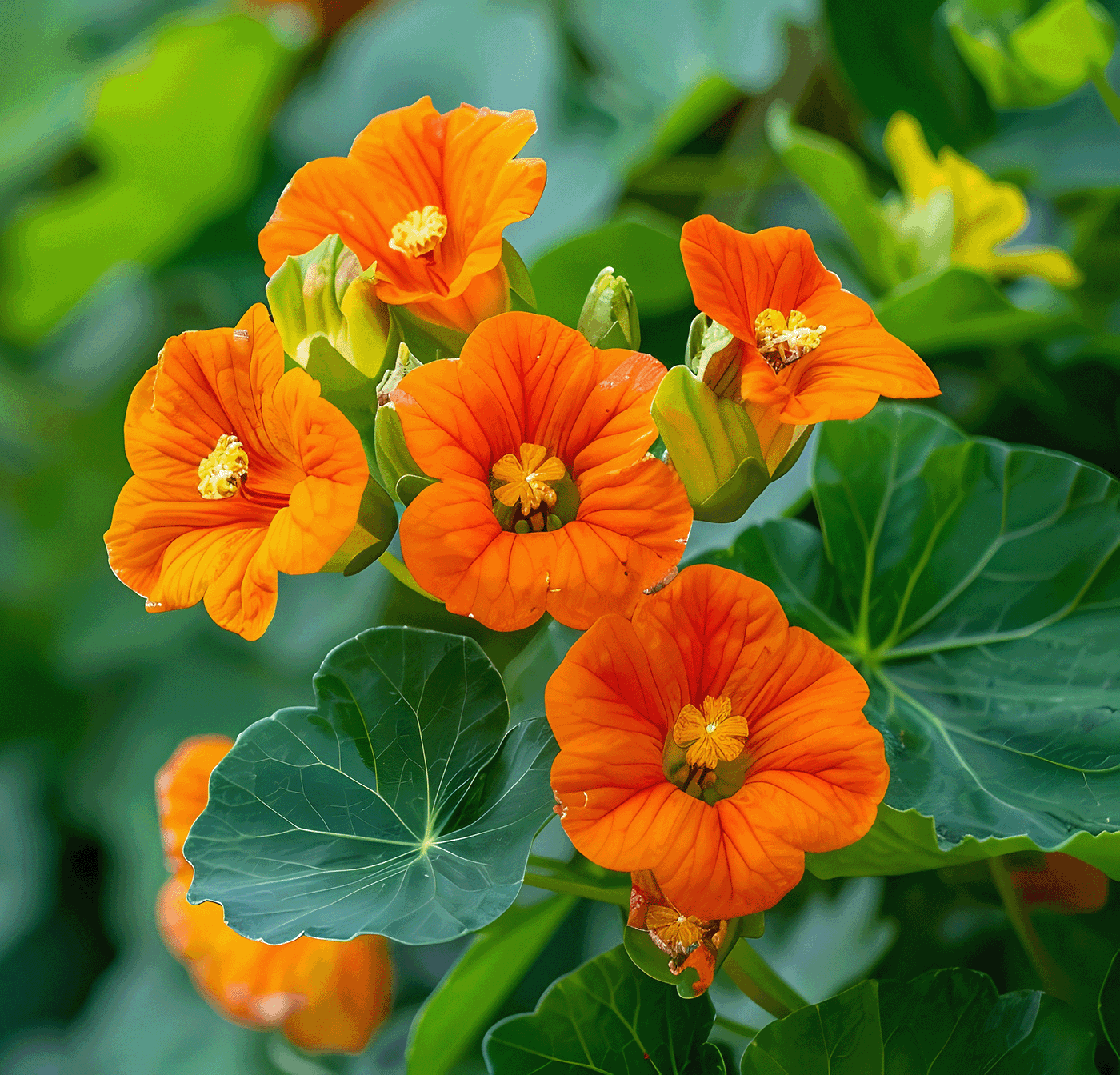 Orange Blüten mit grünen Blättern auf einem Pflanzenstamm.