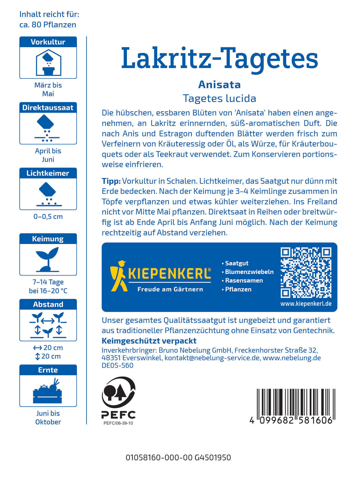 Blatt mit Anisata Lakritz-Tagetes, Text und QR-Code, Logo, Barcodes, Pflanzinformationen.