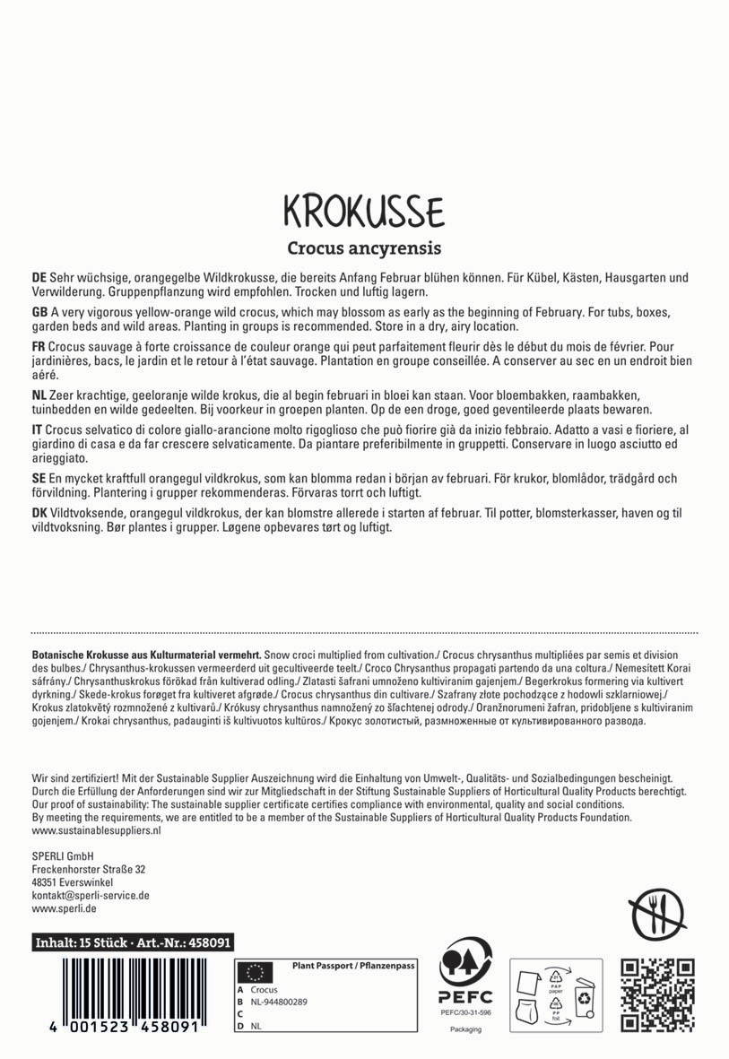 Informationstext zu Wildkrokusse und Anbaubedingungen auf der Rückseite der Packung