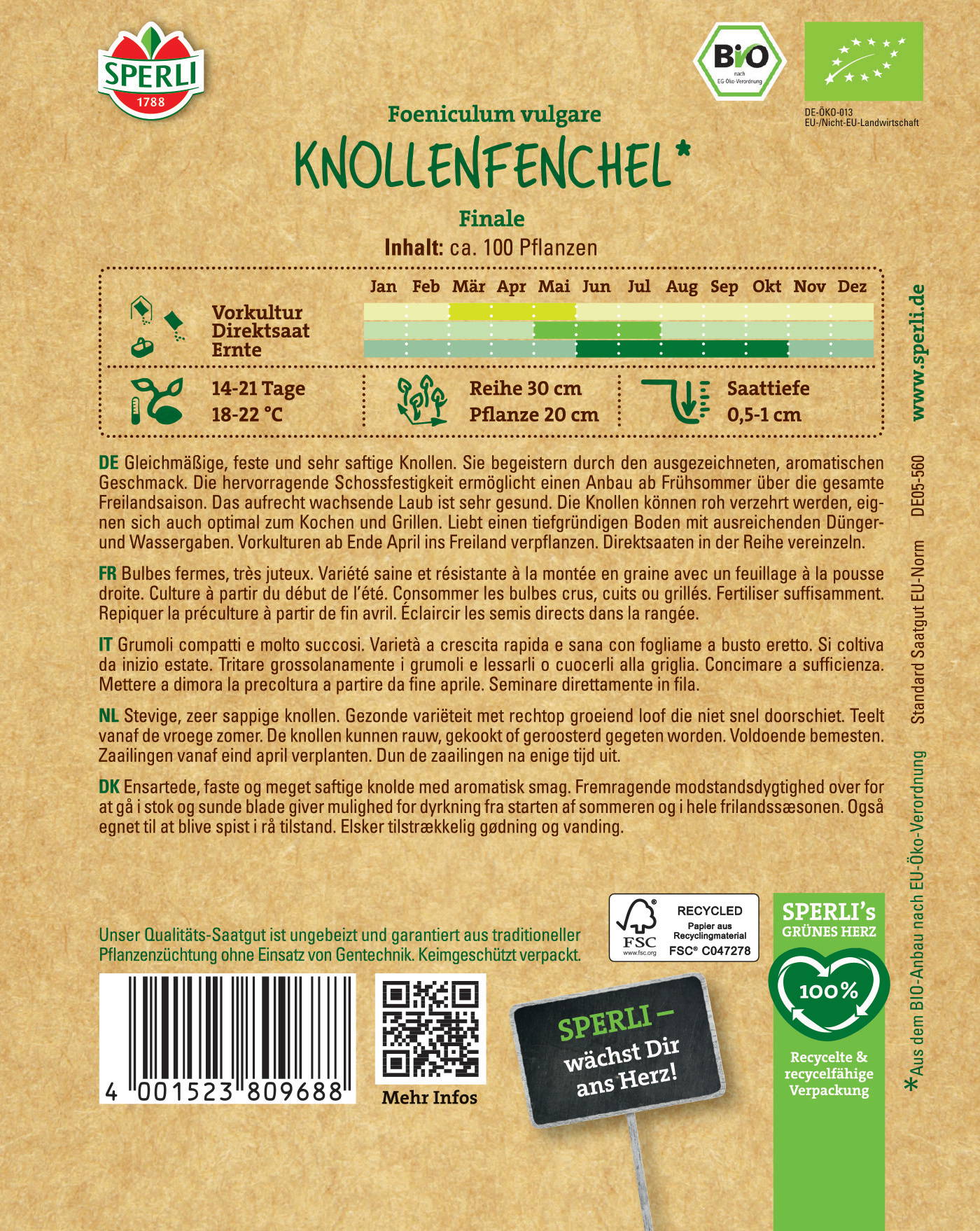 Getrocknete Knollenfenchelknollen mit grünen Blättern, Verpackung aus recyceltem Material, Bio-Siegel, FSC-Logo.