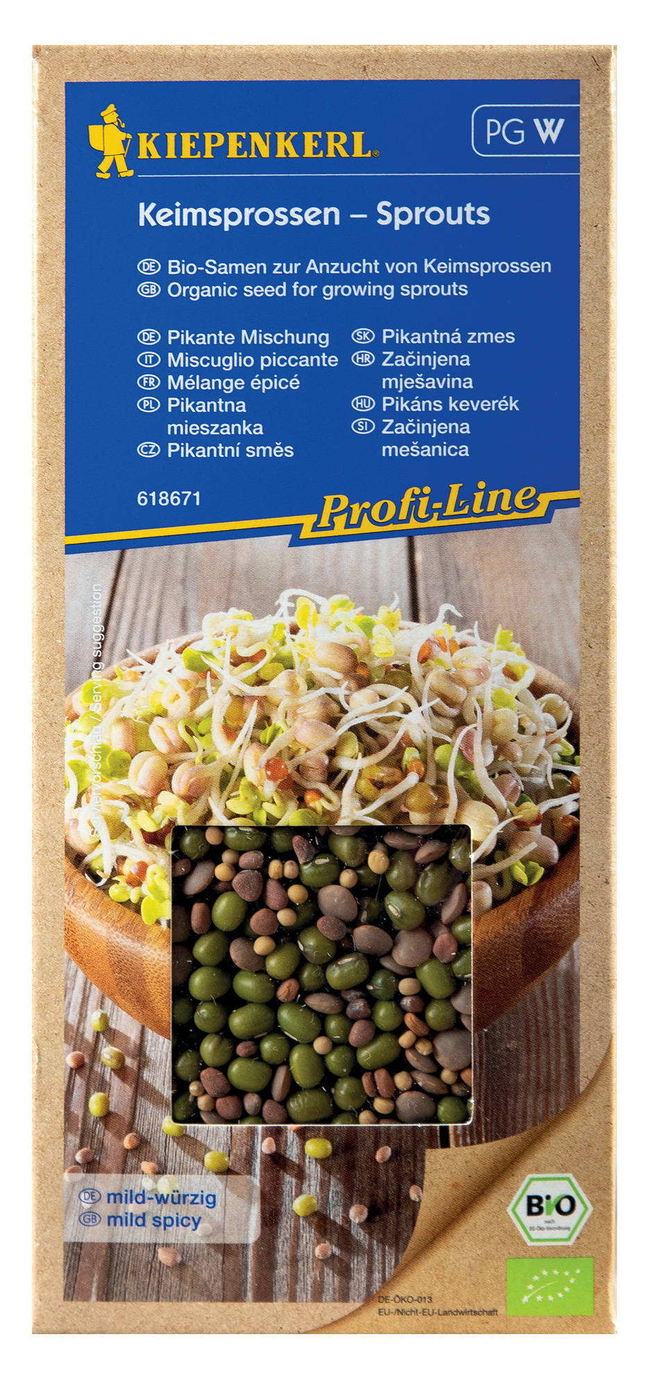 Saatgut für Keimsprossen, grüne und braune Sprouts, Bio-Qualität, Verpackung mit Foto und Text.