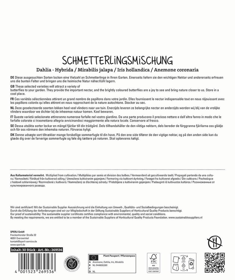 Text mit den Pflanzenarten Dahlia, Hybrida Mirabilis jalapa Iris hollandica Anemone coronaria und Beschreibung in mehreren Sprachen.