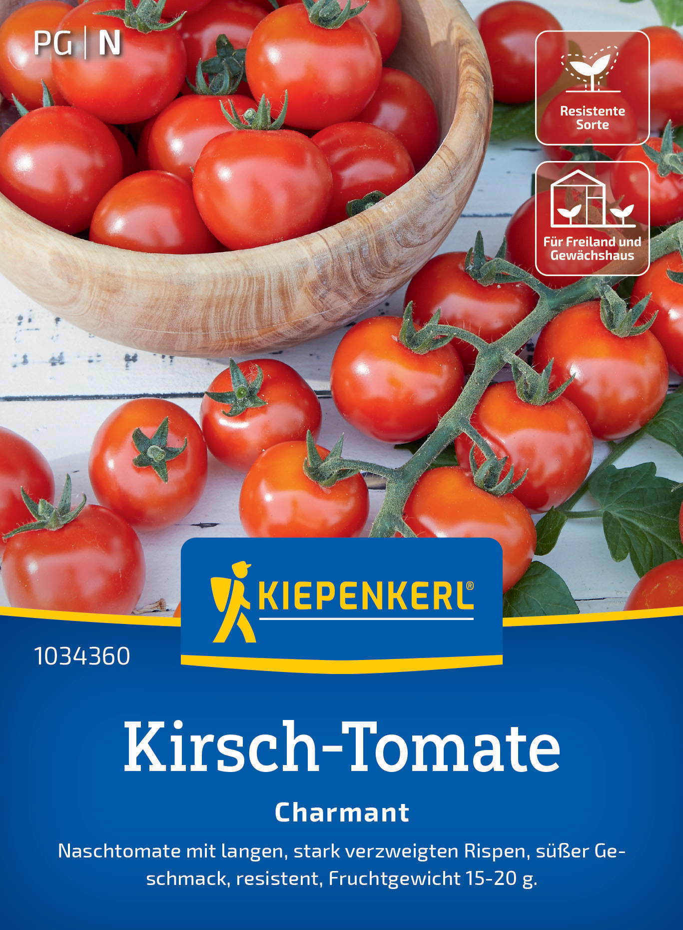 Rote Kirsch-Tomaten mit grünen Stielen, in einer Holzschale und auf weißem Holzuntergrund gelegen.