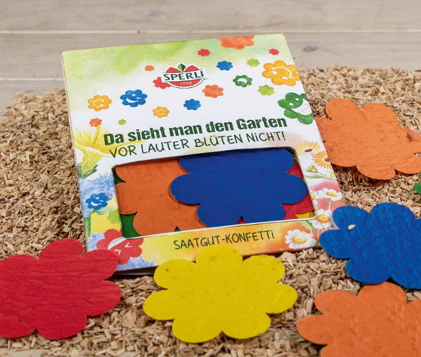 Bunte Holzblumen-Formen vor einem Sperli-Bastelset mit Blumenthemen und einem offenen Fenster.