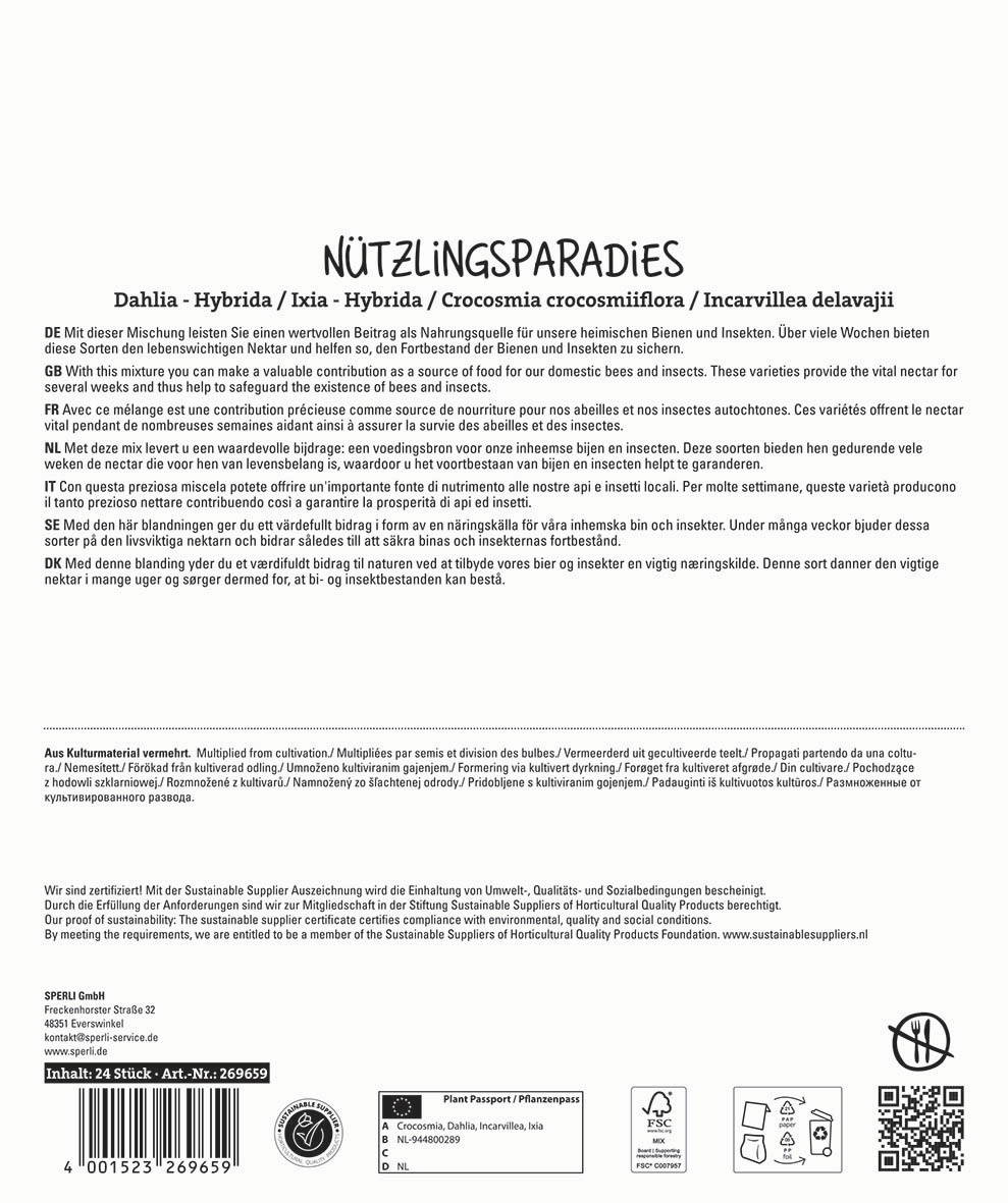 Beschreibung des Bildinhalts: Produktbeschreibung, Hinweise, Symbole, Barcode, QR-Code, Logo und Text in mehreren Sprachen.