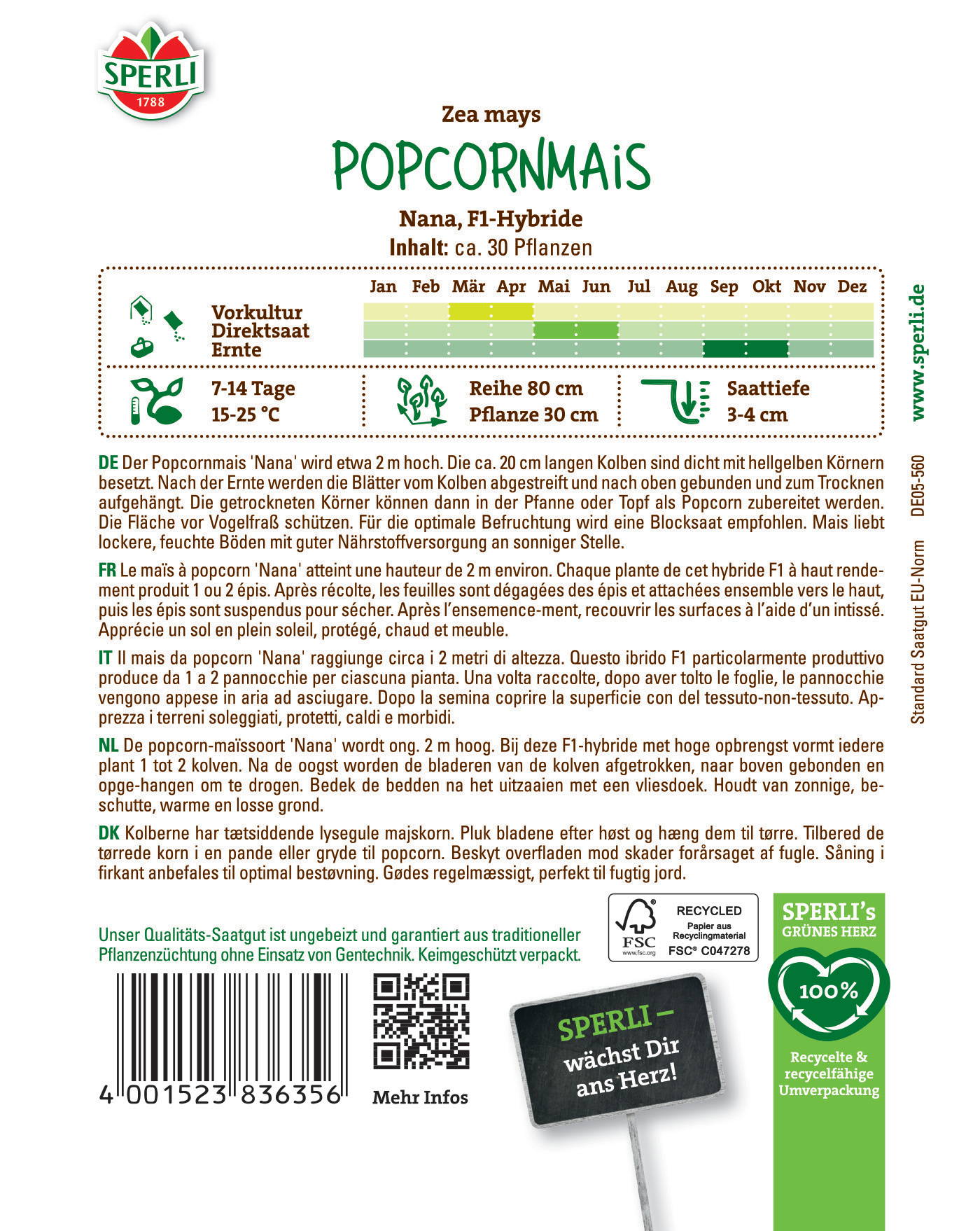 Bilder von Popcornmais mit grüner Verpackung, mit Texten, QR-Code und Barcode auf weißem Hintergrund.
