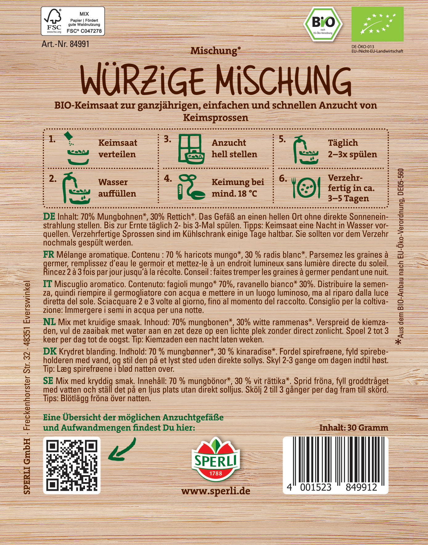 Anleitung für die Aussaat von Keimsprossen, mit Wasser und Sonnenlicht.