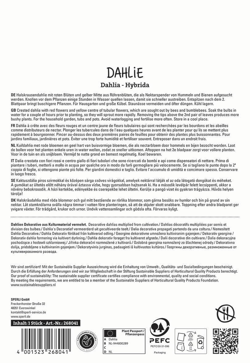 Karten mit Beschreibung der Dahlie, deutsche, englische, französische, niederländische und italienische Texte, Logos und Barcode.
