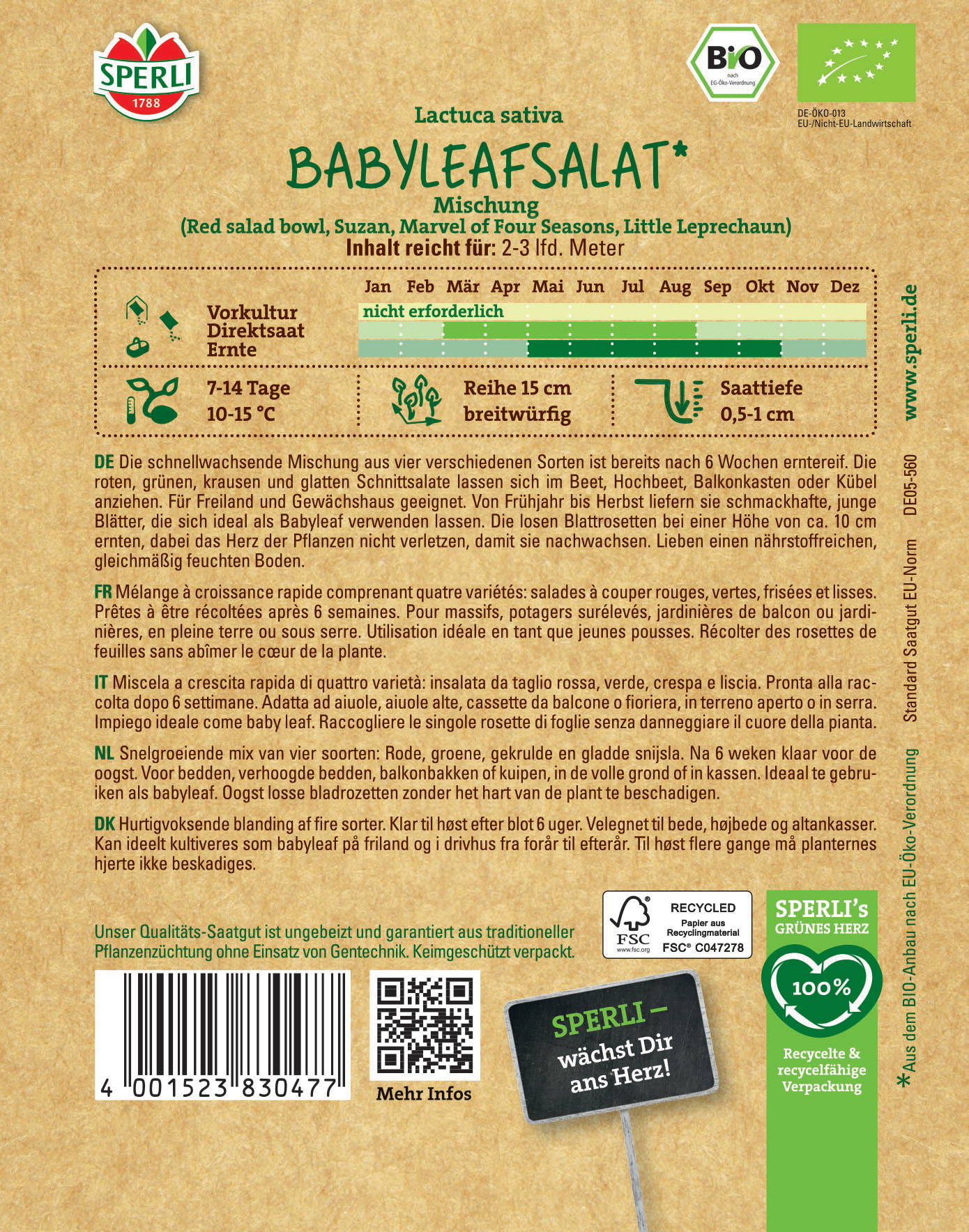 Produktbeschreibung für Babyblattsalat, Mischung, auf braunem Papier mit Logos und QR-Code, inklusive Hinweise in mehreren Sprachen.