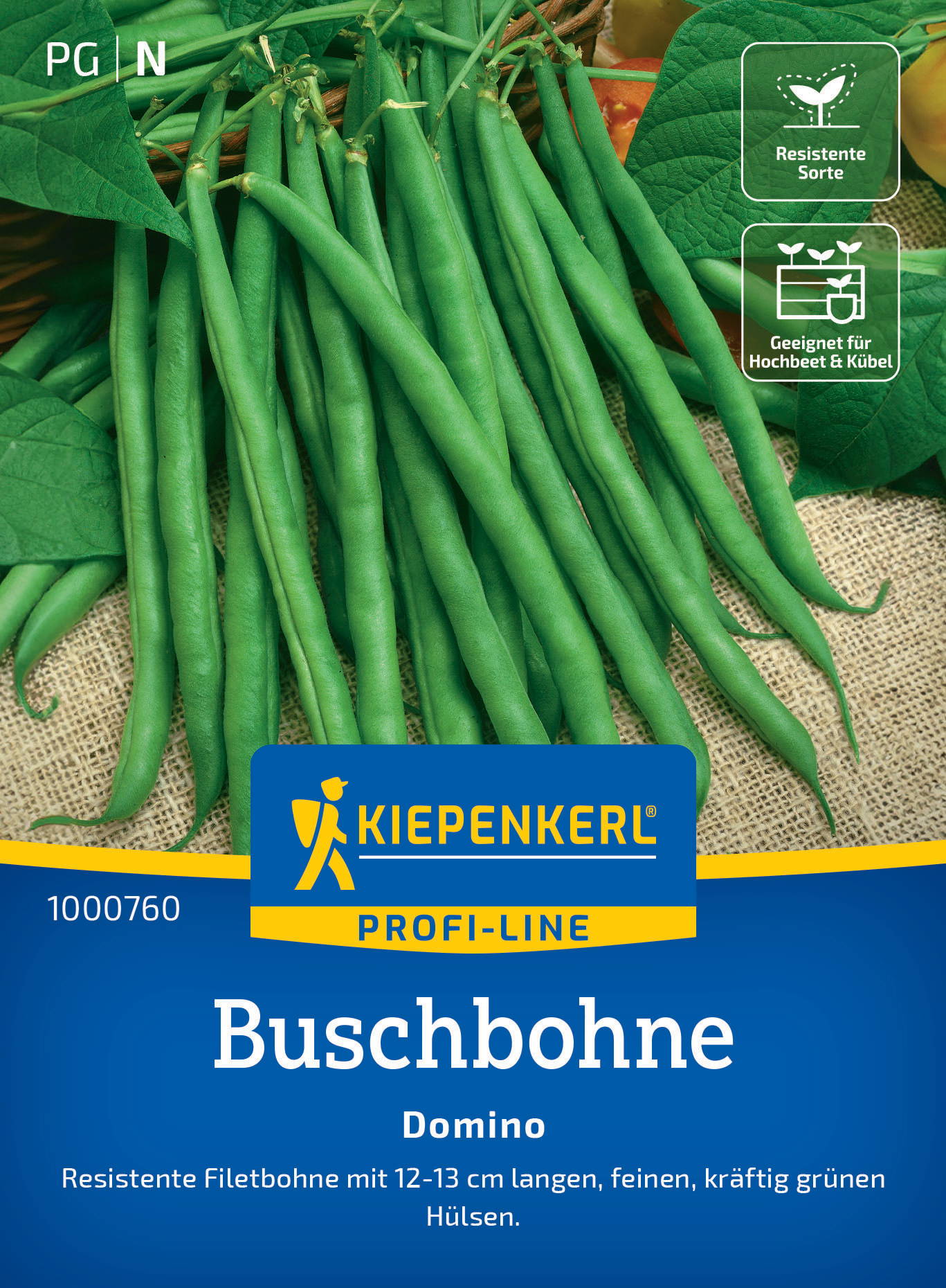 Grüne Buschbohnen mit langen Hülsen auf Jute, Verpackung mit Logo, Text und Symbole.