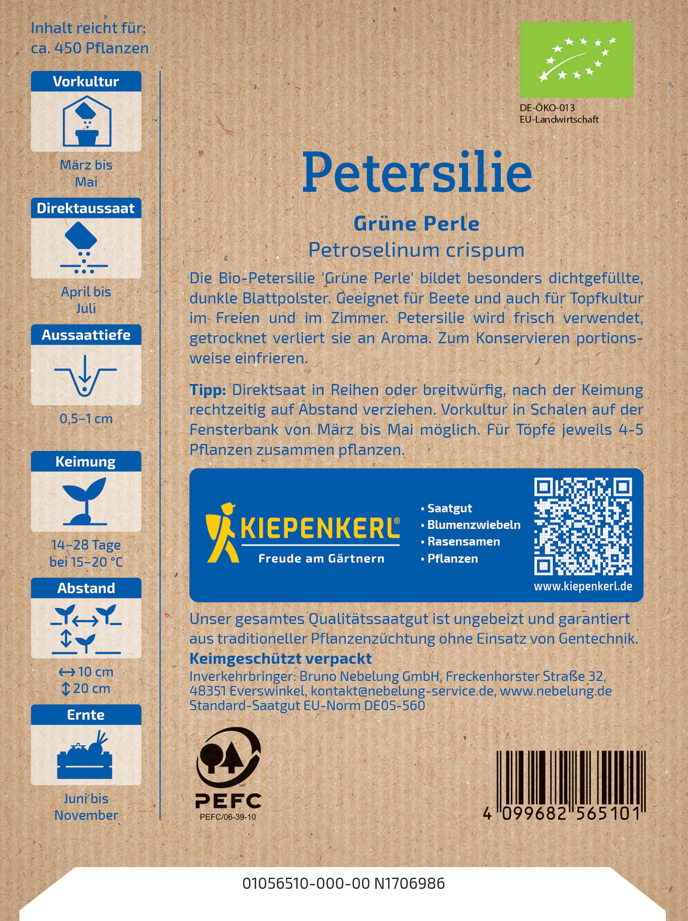 Beschreibung: Packungsrückseite mit Informationen zur Petersilie, Anbauhinweisen, Kreuz und QR-Code.