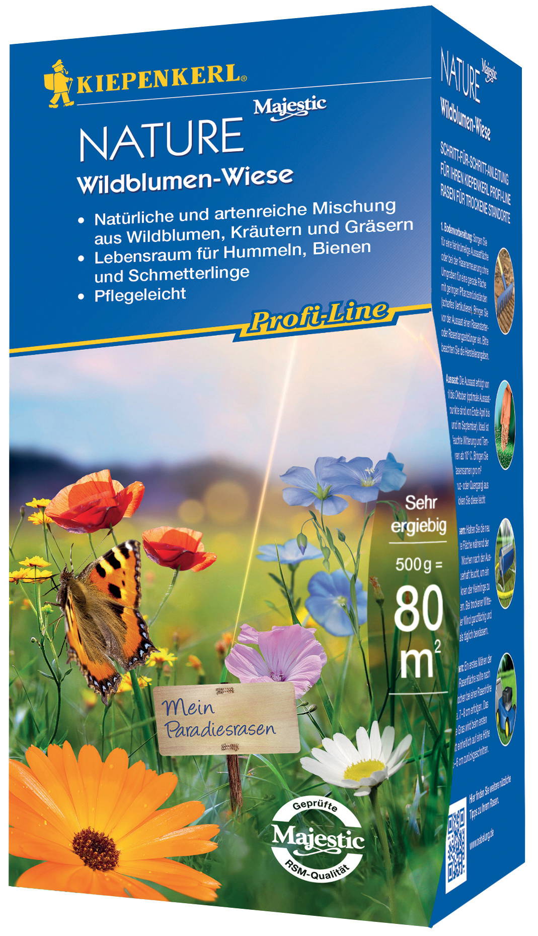 Bunte Wildblumenwiese mit Mohn, Lein, Gänseblümchen und Schmetterling, Holzschild mit „Mein Paradiesrasen".