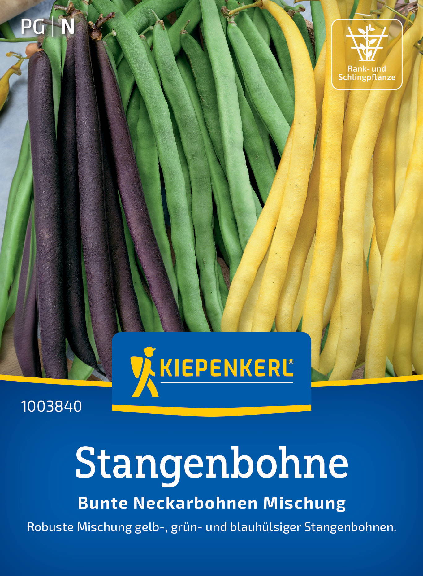 Bunte Stangenbohnen in schwarz, grün und gelb, auf der Verpackung.