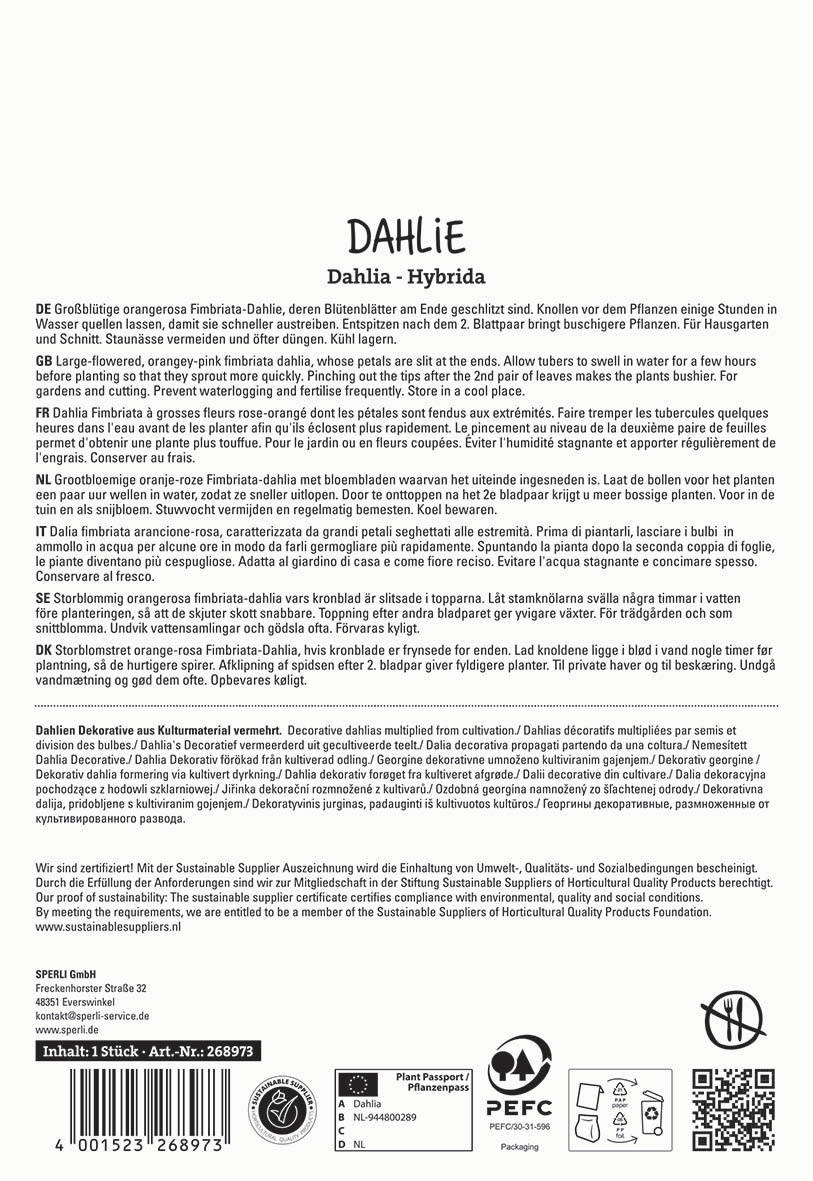 Text mit Pflanzinformationen auf Deutsch, Englisch, Französisch, Italienisch, Spanisch und Dänisch, technische Symbole und Barcode.