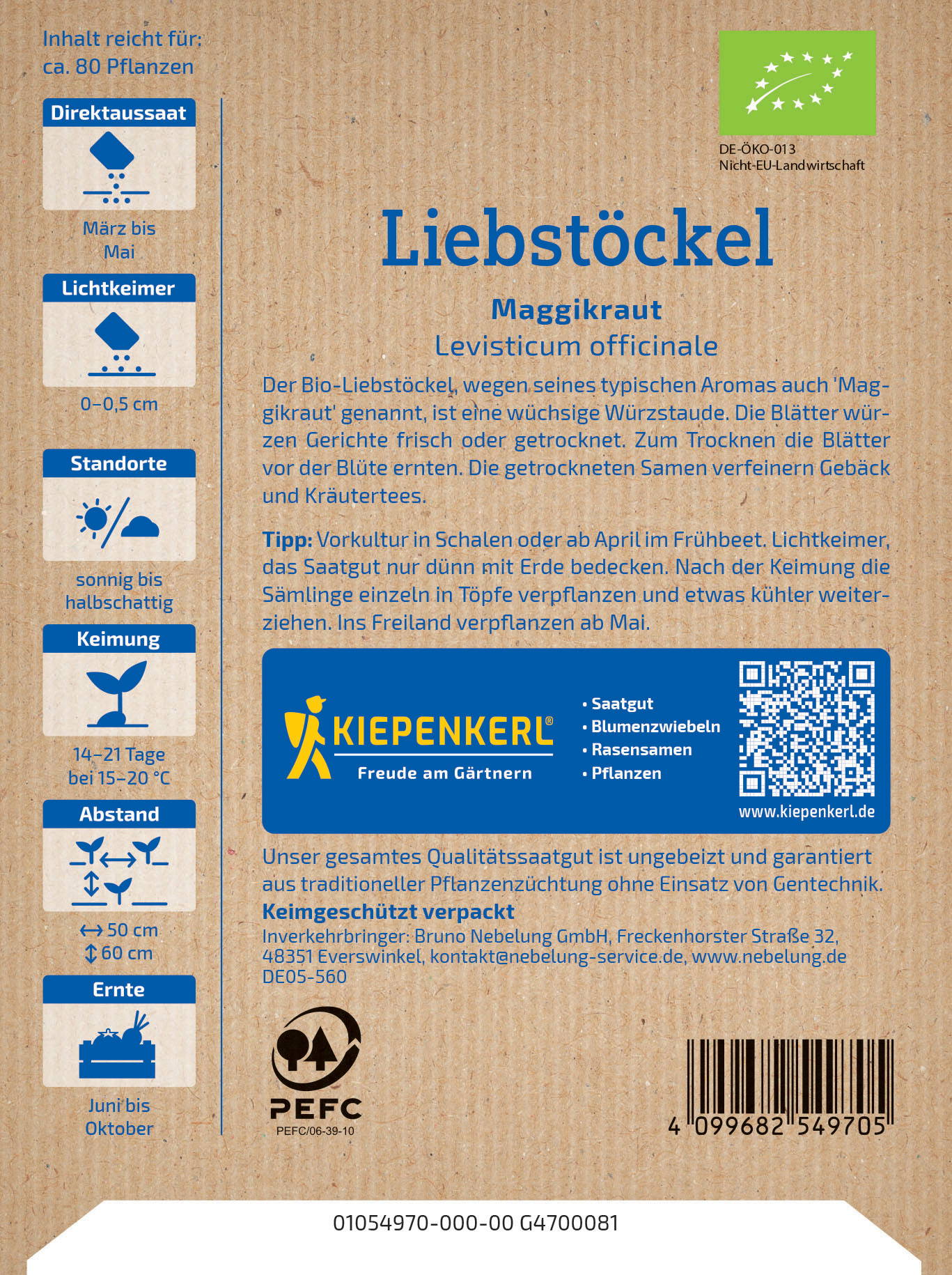 Papiertüte mit Blättern, Text, QR-Code, Barcode, pflanzenbezogene Symbole und Logos.