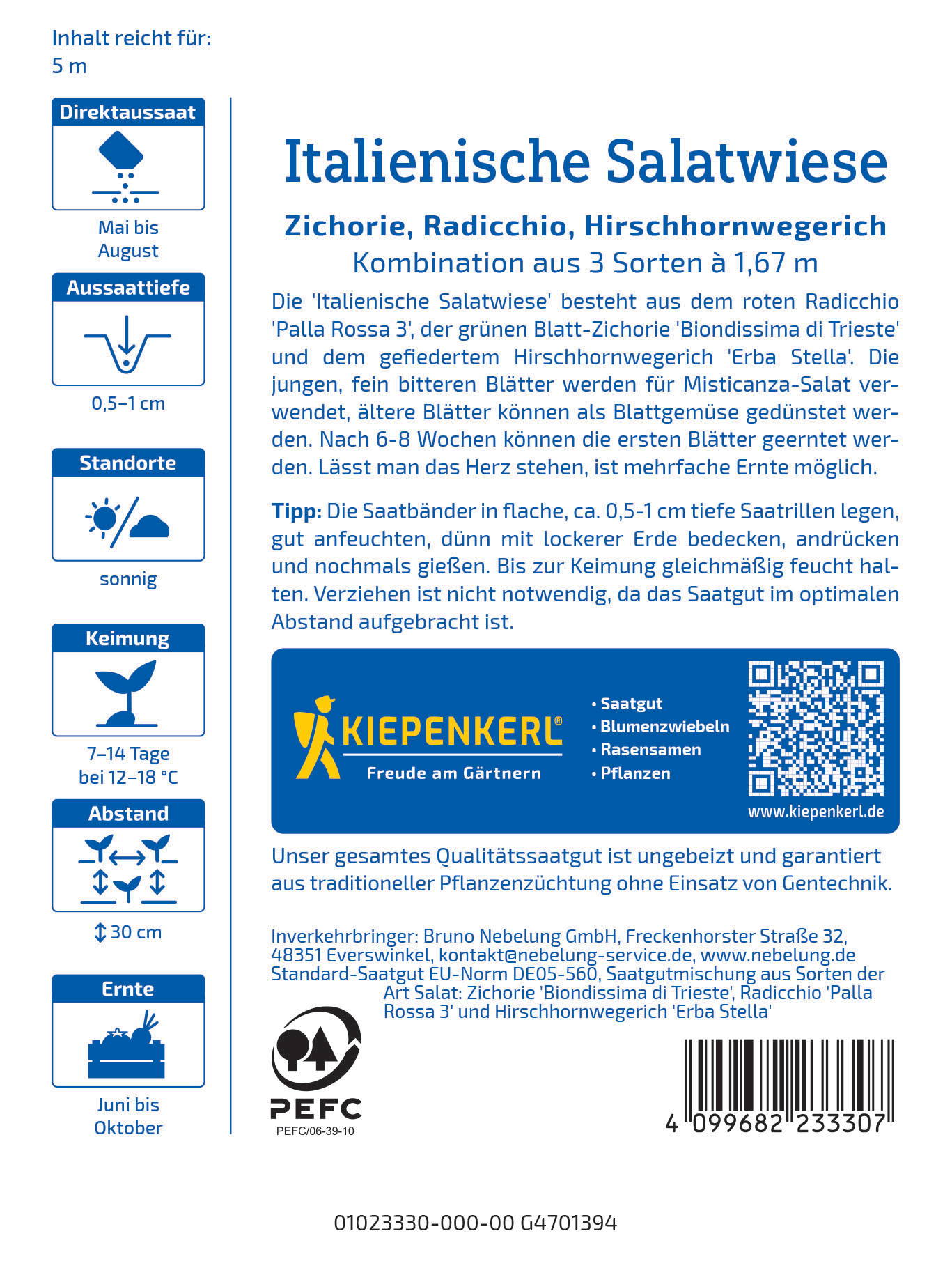 Bodenanleitung, Icon für direkte Aussaat, Sonnensymbol, Pflanze, QR-Code, Barcode, Text und Logo auf weißem Hintergrund.