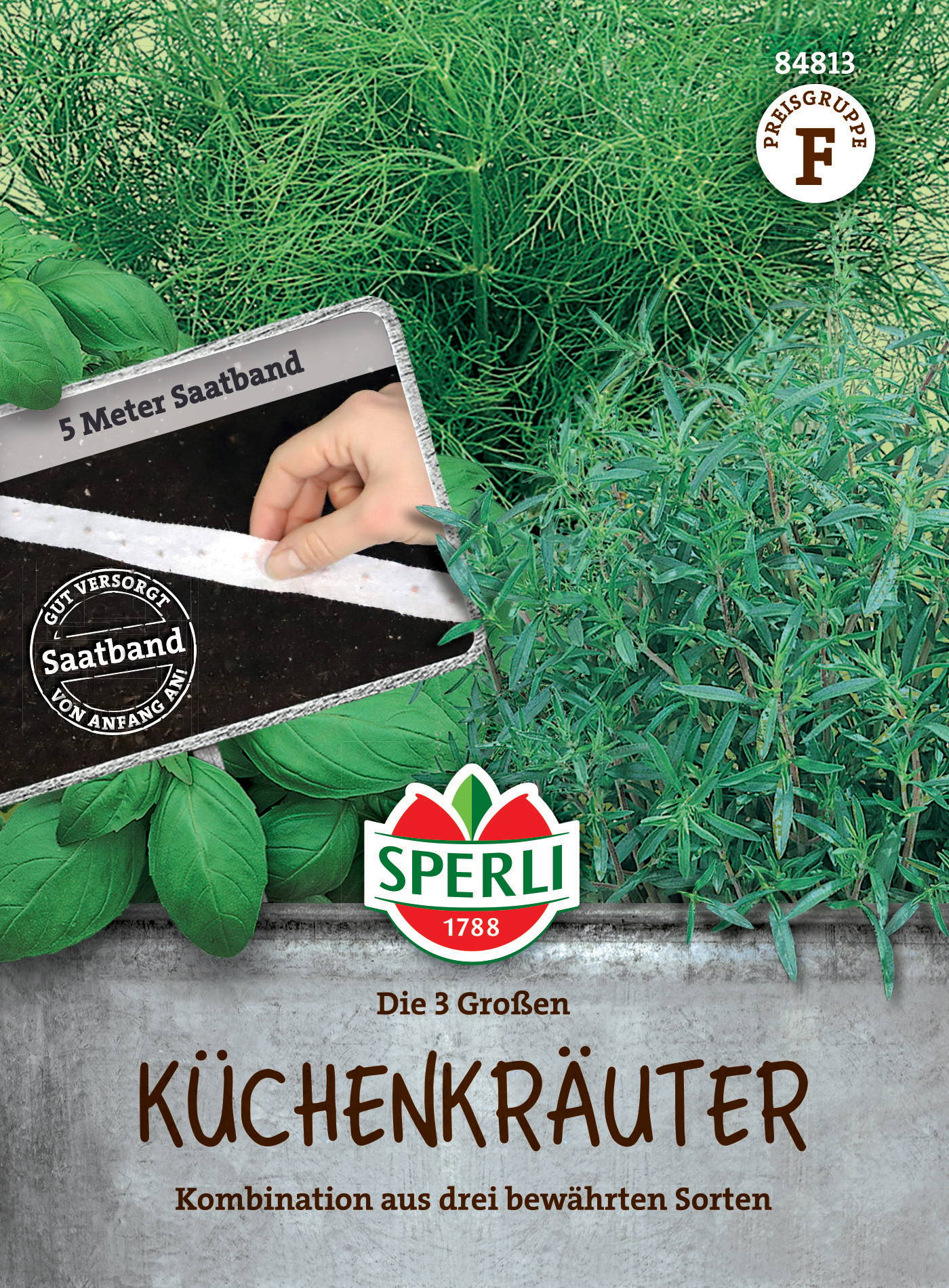 Kräuterpflanzen mit Etikett, grünes Blatt im Hintergrund, Marke Sperli, Gartenpflanzen