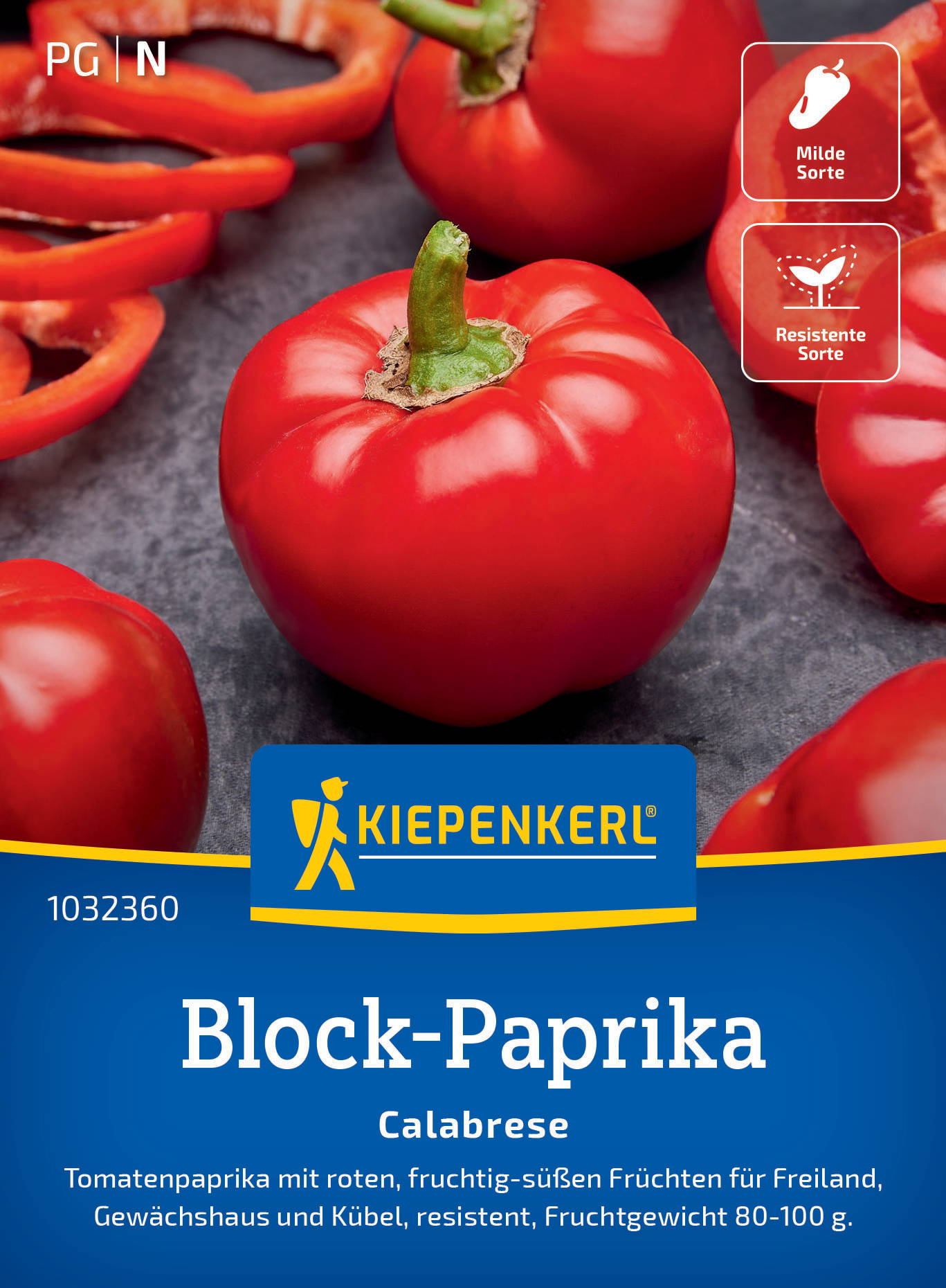 Rote Paprika mit grünem Stängel auf dunklem Hintergrund, Verpackung mit blauer Beschriftung, Icon für milde und resistente Sorte.