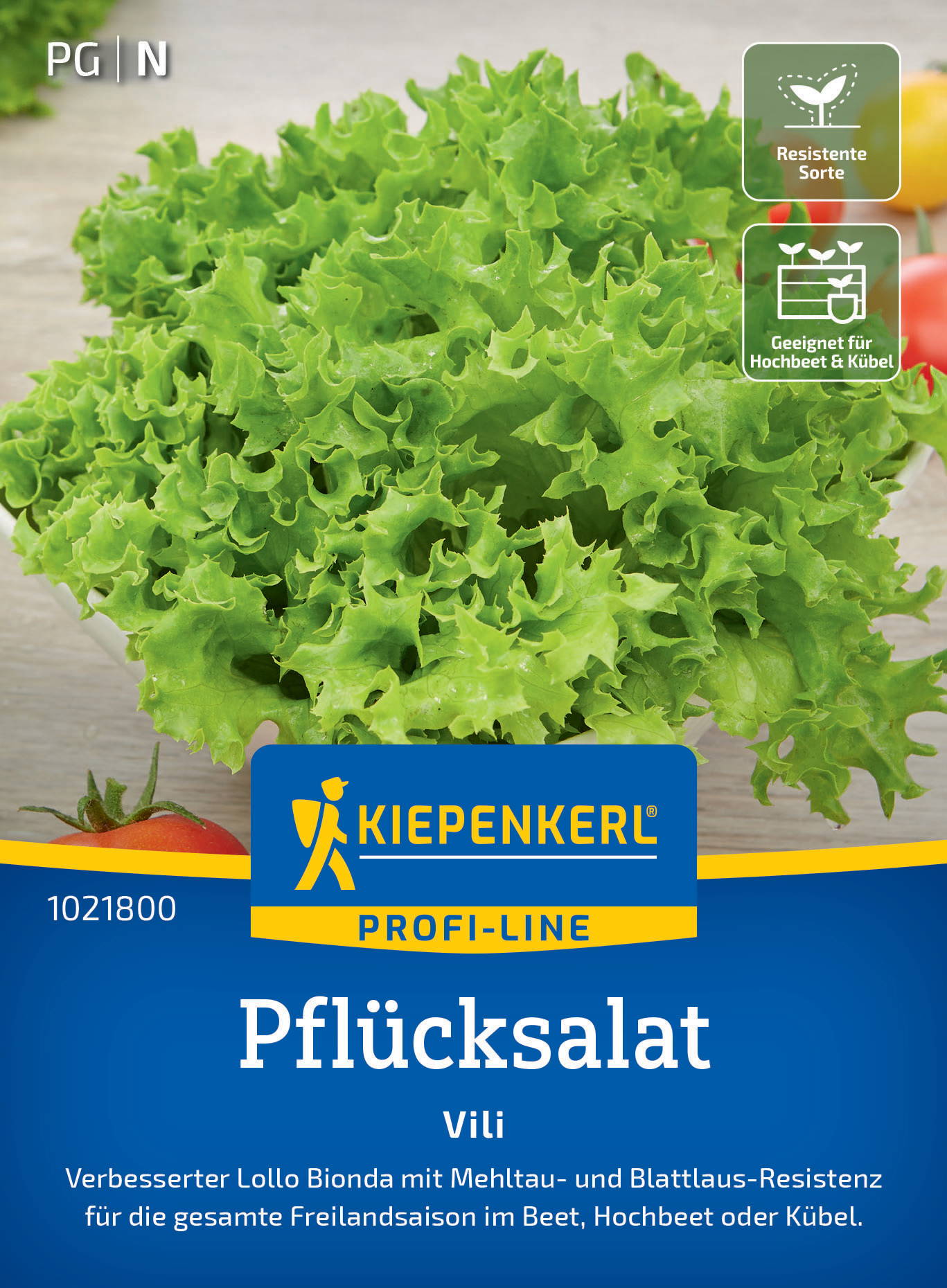 Grüner, lockiger Pflücksalat auf einer Verpackung mit blauer Beschriftung und Text.