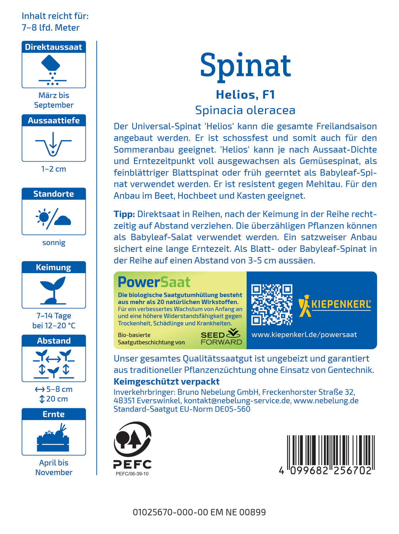 Packungsrückseite mit Informationen zu Spinat, Aussaat, Standort, Keimung, Abstand, Ernte, Bio-Saatgutmischung, Vertrieb und Barcode.