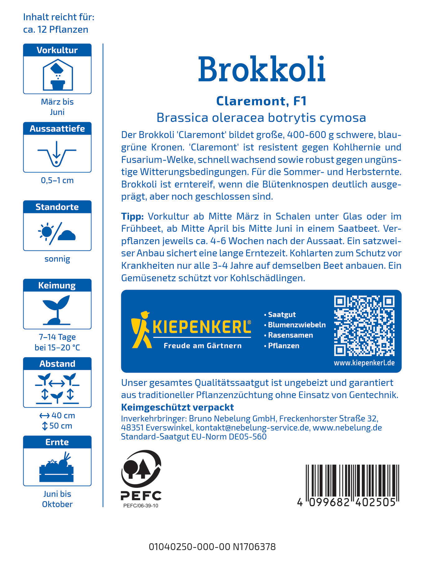 Beschreibung: Packungsbeschreibung für Brokkoli, mit Text, Logos, Icons, QR-Code und Barcode.
