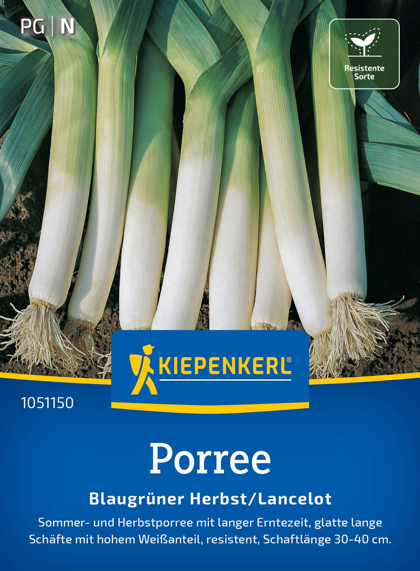 Grüne und weiße Porree-Knollen auf dunkler Erde, Kiepenkerl-Logo und französische Herkunft bei der Verpackung.