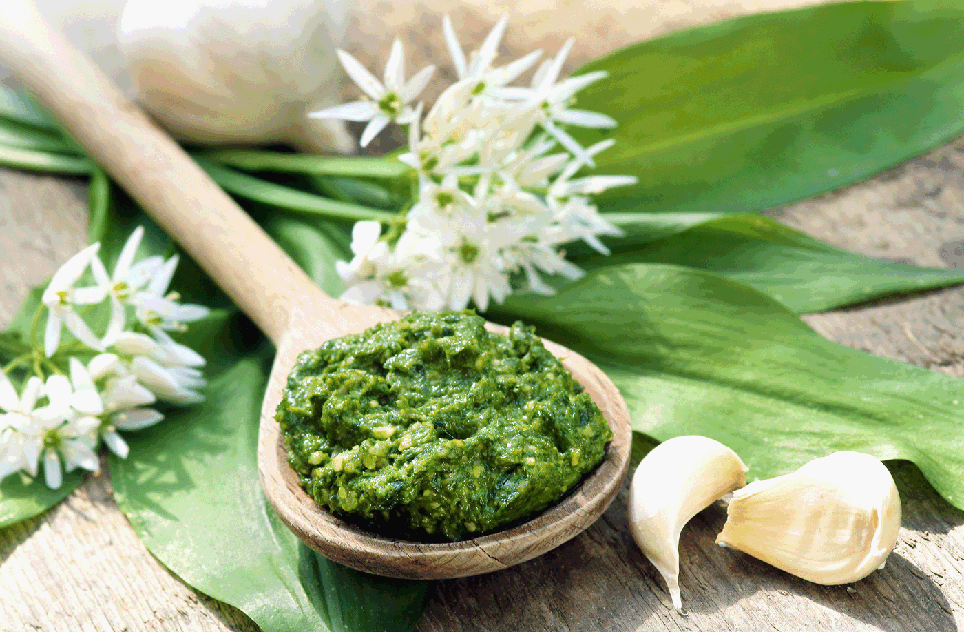Knoblauch, grünes Pesto, weiße Blüten, große grüne Blätter auf Holzuntergrund.