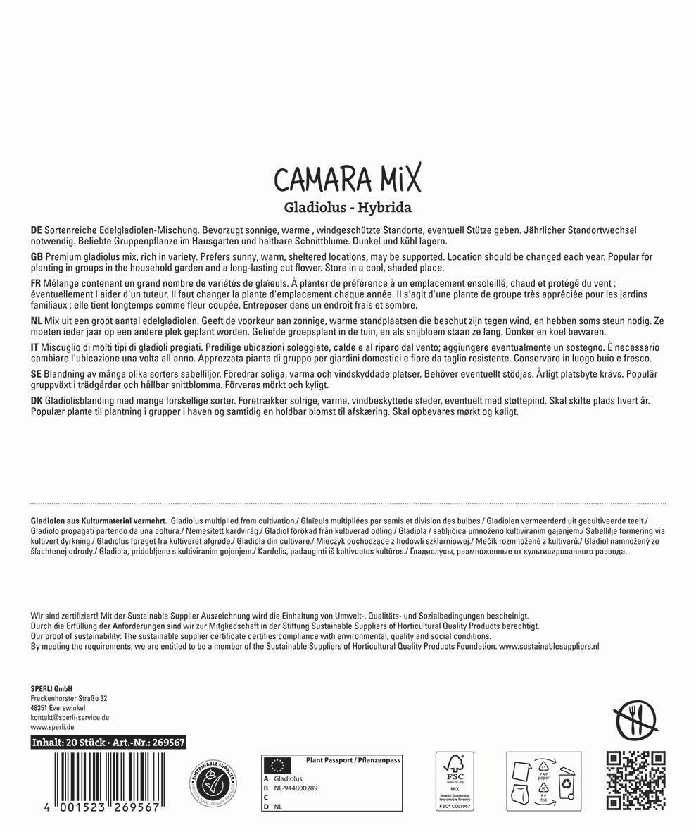 Informationstext und Produktbeschreibung in mehreren Sprachen, Markenname, Barcode, Zertifizierungen und Logos.