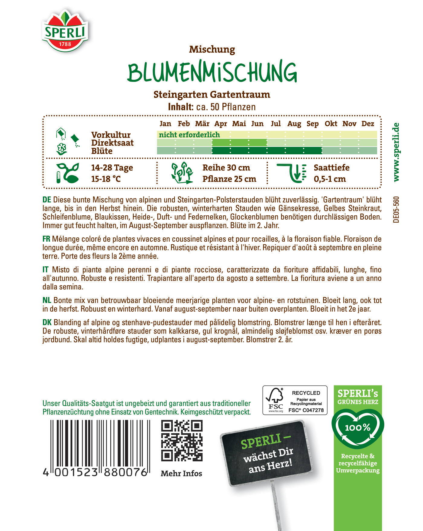 Blumenmischung für Steingarten, ca. 50 Pflanzen, Blüte im zweiten Jahr, blüht ab August, robust und winterhart.