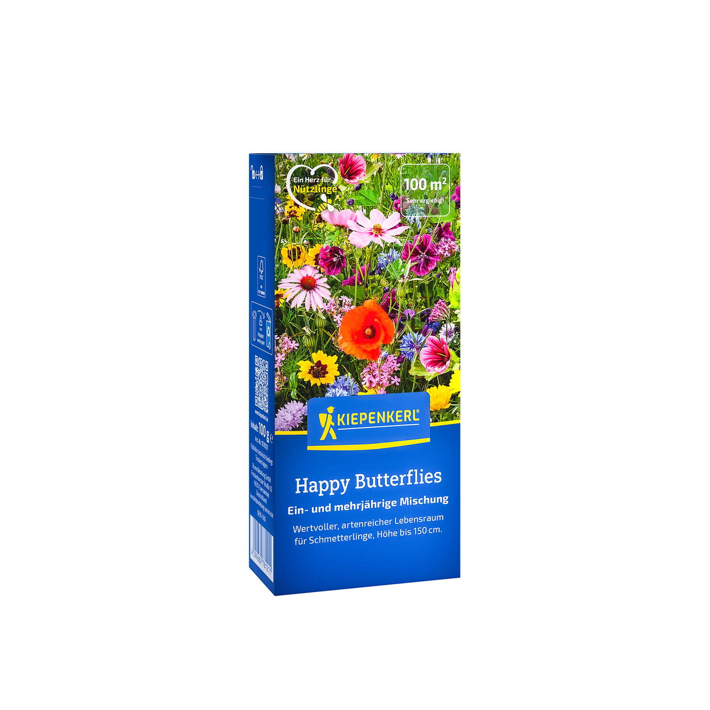 Bunte Blumenmischung in blauer Verpackung mit Kiepenkerl-Logo, Begriffsangabe Happy Butterflies und Hinweis auf 100 g Inhalt.