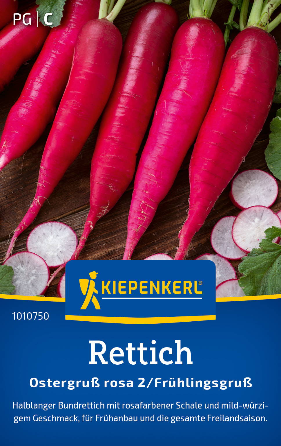 Rote Rettiche auf Holztisch, Radieschen knollen, grüne Blätter, Packungsaufschrift und Logo.