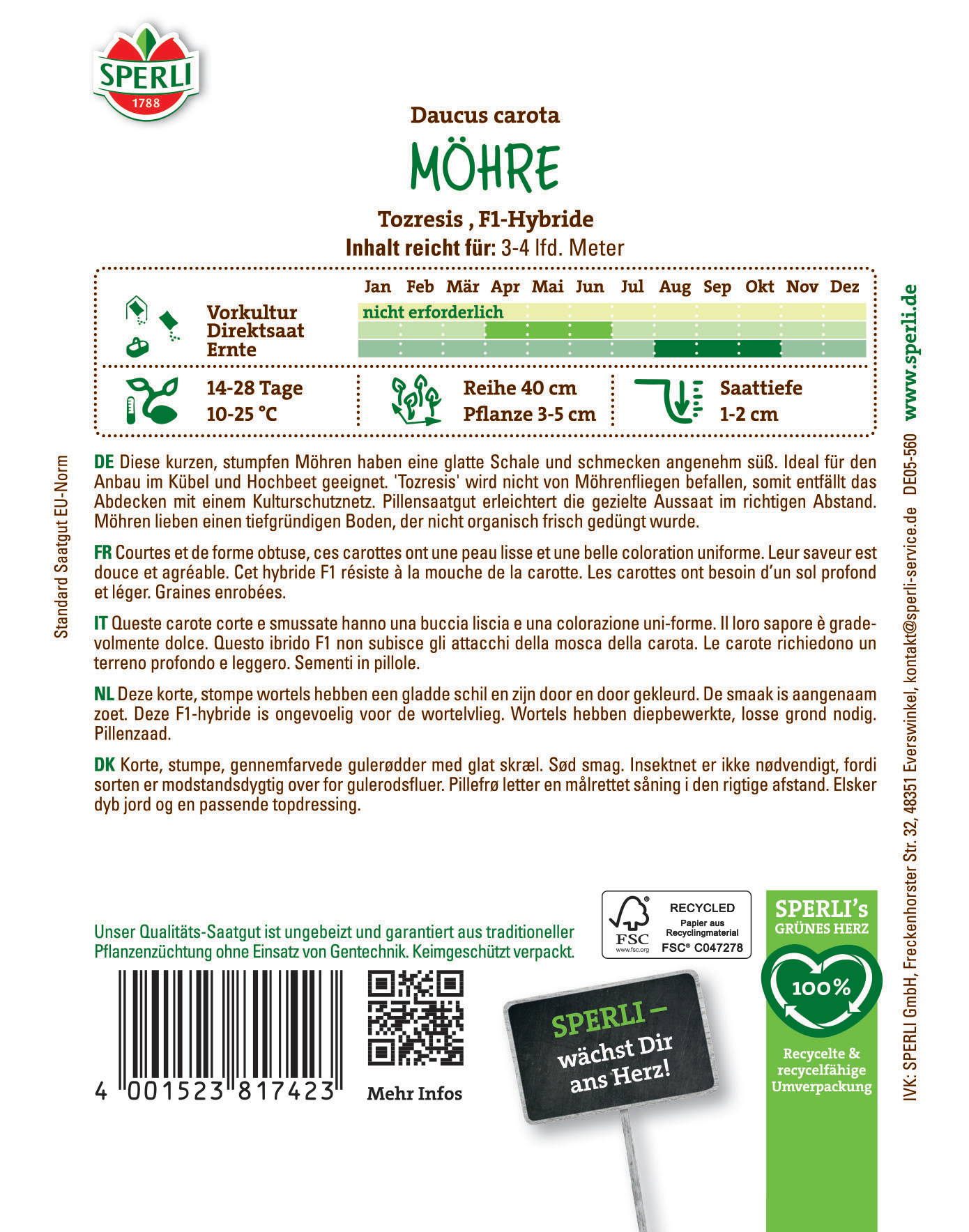 Etikett mit Bildern und Text über die Anleitung und Pflege der Daucus carota Möhre Samen.