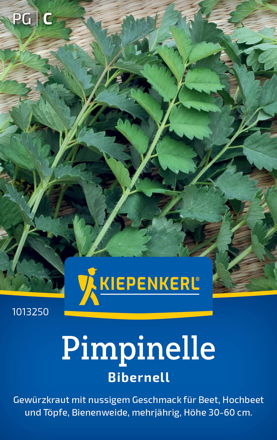 Bündel frischer Pimpinelle mit grünen, gezackten Blättern auf der Verpackung.