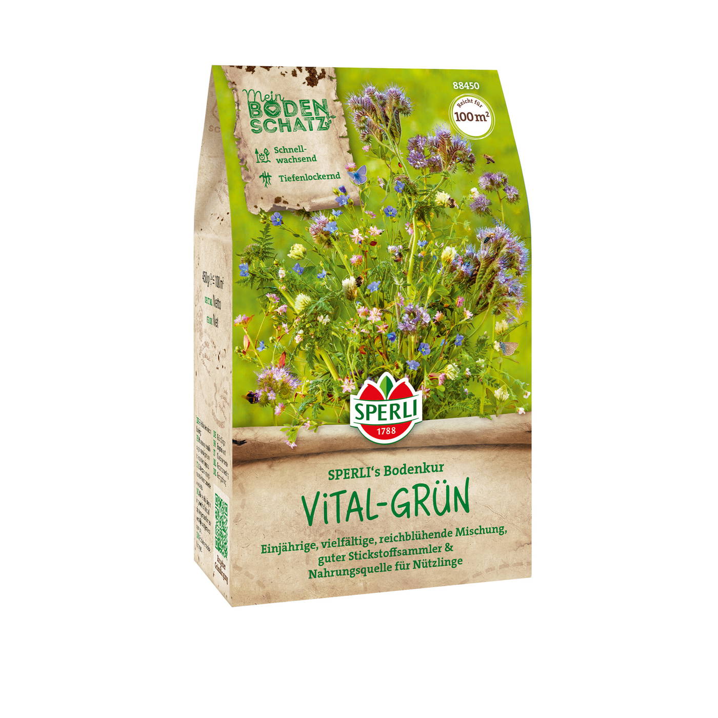 Saatgutpackung mit buntem Blumen- und Kräutermix auf grünem Hintergrund.