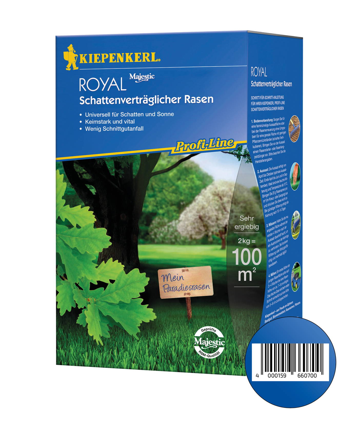 Blaue Verpackung mit Baum, grünem Gras, Sonnenlicht, Schriftzug Kiepenkerl Royal und einem kleinen Holzschild.