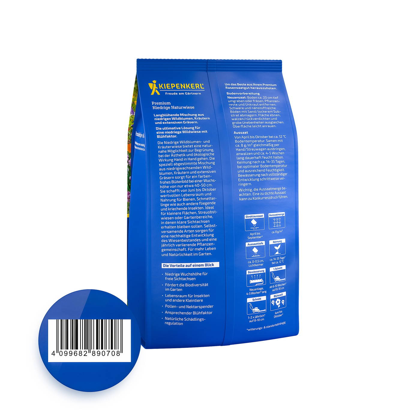 Blaue Verpackung mit Text, Logo, Barcode, und Anleitungen in Deutsch, auf der linken unteren Seite ein runder Aufkleber mit Streifenmuster.