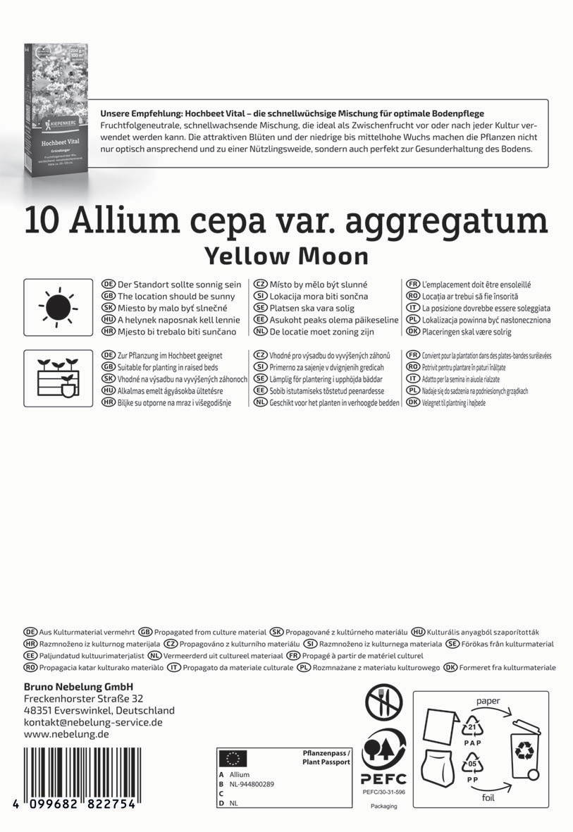 Anleitung und Produktinformationen für Allium cepa var. aggregatum Yellow Moon, mit Pflanzanleitung, Symbolen und Barcode.