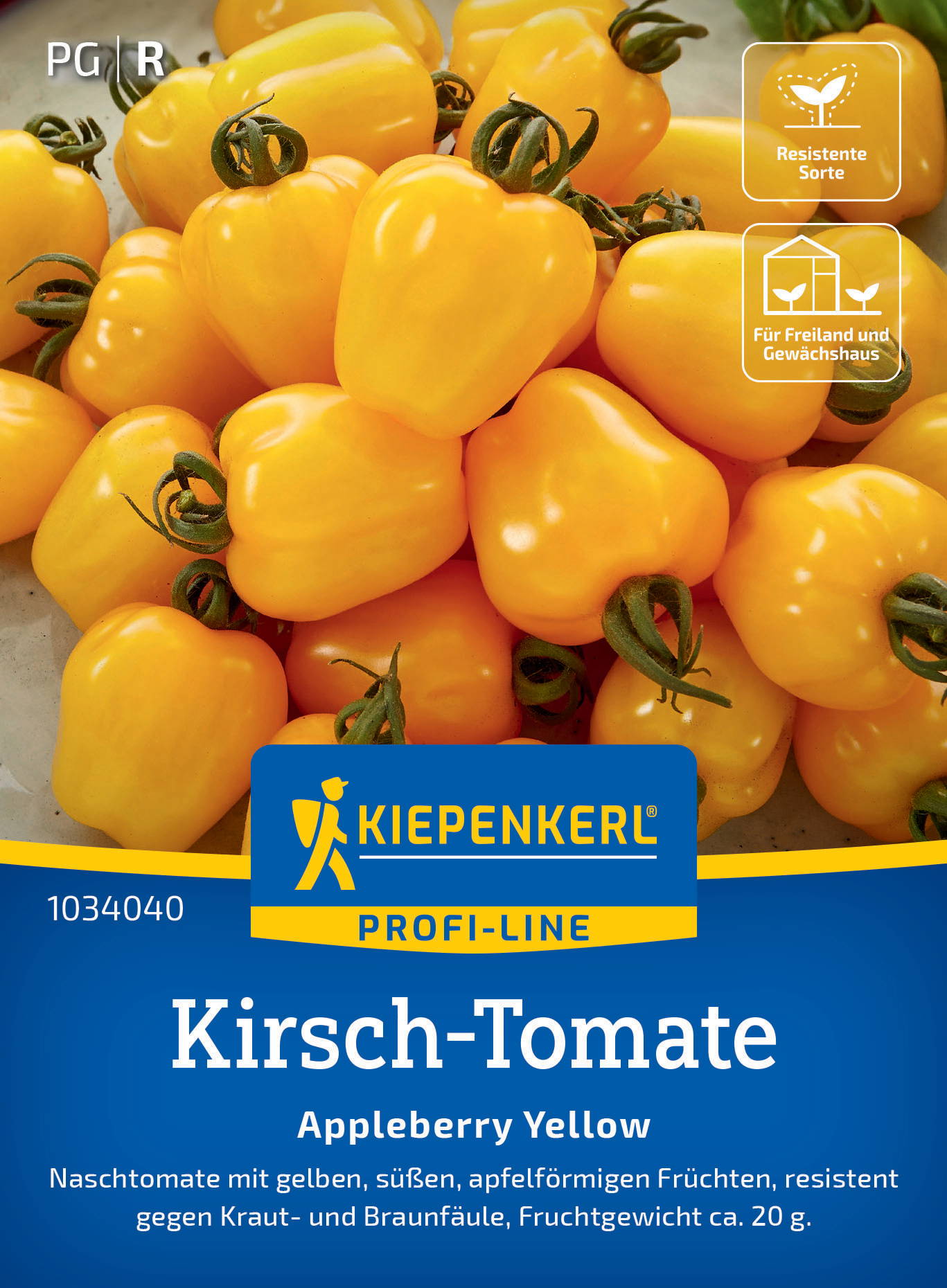 Gelbe kleine Tomaten mit grünen Stielen auf einer Verpackung.