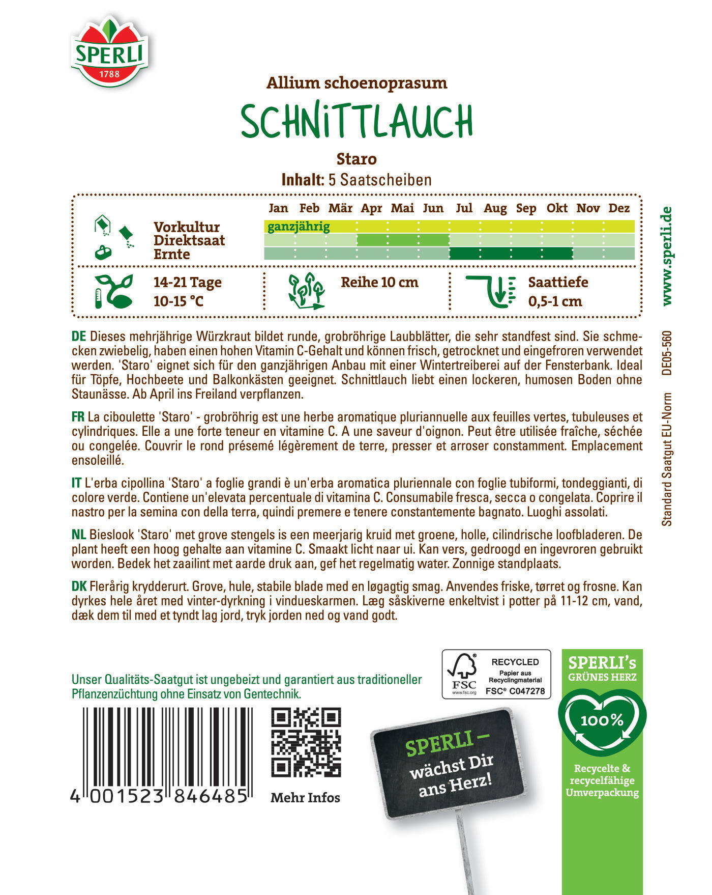 Schnittlauch mit grob- und feinblättrigen Laubbﬁtter, erdigem Aroma, wächst ganzjährig, ideal für Töpfe und Balkon.