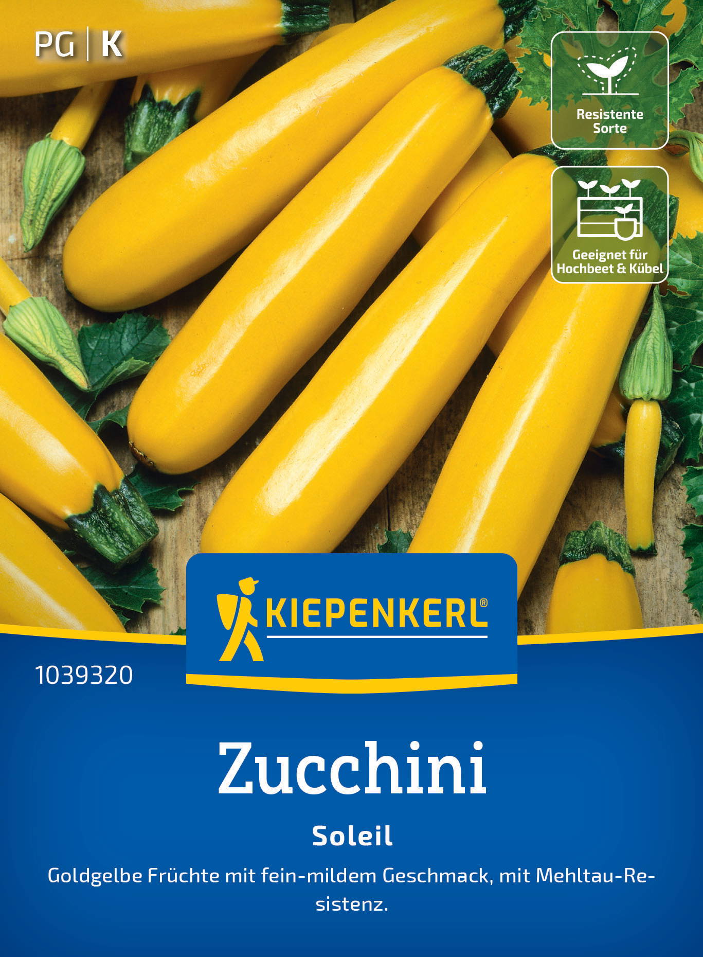 Gelbe Zucchini mit grünen Blättern auf Holzuntergrund, Verpackung mit Kiepenkerl-Logo und Angaben zu Sorte und Eigenschaften.